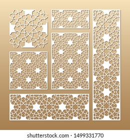 Laser cut vector panels (ratio: 1:1, 1:4, 2:1, 2:3, 3:1). Cutout silhouette with geometric seamless pattern. The set is suitable for engraving, laser cutting wood, metal, stencil manufacturing.