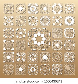 Laser cut vector panels (ratio 1:1). Cutout silhouette with geometric seamless pattern. The set is suitable for engraving, laser cutting wood, metal, stencil manufacturing.