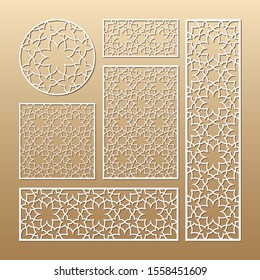 Laser cut vector panels (ratio: 1:1, 1:4, 2:1, 2:3, 3:1). Cutout silhouette with geometric pattern. The set is suitable for engraving, laser cutting wood, metal, stencil manufacturing.