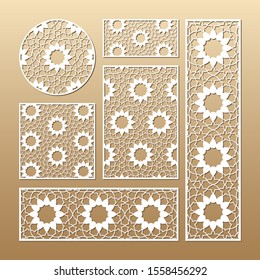 Laser cut vector panels (ratio: 1:1, 1:4, 2:1, 2:3, 3:1). Cutout silhouette with geometric pattern. The set is suitable for engraving, laser cutting wood, metal, stencil manufacturing.