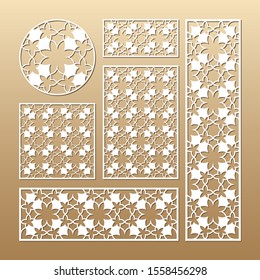 Laser cut vector panels (ratio: 1:1, 1:4, 2:1, 2:3, 3:1). Cutout silhouette with geometric pattern. The set is suitable for engraving, laser cutting wood, metal, stencil manufacturing.