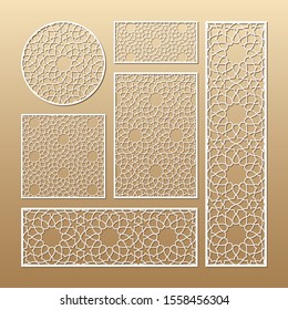 Laser cut vector panels (ratio: 1:1, 1:4, 2:1, 2:3, 3:1). Cutout silhouette with geometric pattern. The set is suitable for engraving, laser cutting wood, metal, stencil manufacturing.