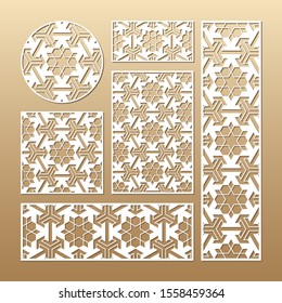Laser cut vector panels (ratio: 1:1, 1:4, 2:1, 2:3, 3:1). Cutout silhouette with geometric pattern. The set is suitable for engraving, laser cutting wood, metal, stencil manufacturing.