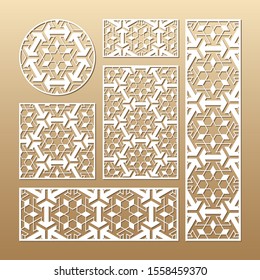 Laser cut vector panels (ratio: 1:1, 1:4, 2:1, 2:3, 3:1). Cutout silhouette with geometric pattern. The set is suitable for engraving, laser cutting wood, metal, stencil manufacturing.