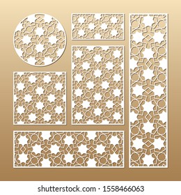 Laser cut vector panels (ratio: 1:1, 1:4, 2:1, 2:3, 3:1). Cutout silhouette with geometric pattern. The set is suitable for engraving, laser cutting wood, metal, stencil manufacturing.