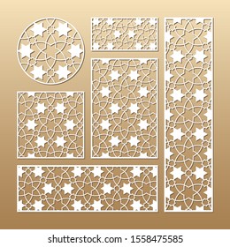 Laser cut vector panels (ratio: 1:1, 1:4, 2:1, 2:3, 3:1). Cutout silhouette with geometric pattern. The set is suitable for engraving, laser cutting wood, metal, stencil manufacturing.