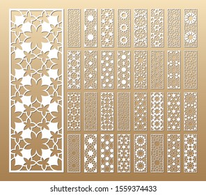 Laser cut vector panels (ratio 1:3). Cutout silhouette with geometric seamless pattern. The set is suitable for engraving, laser cutting wood, metal, stencil manufacturing.