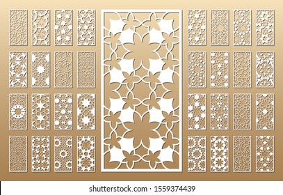 Laser cut vector panels (ratio 1:2). Cutout silhouette with geometric seamless pattern. The set is suitable for engraving, laser cutting wood, metal, stencil manufacturing.