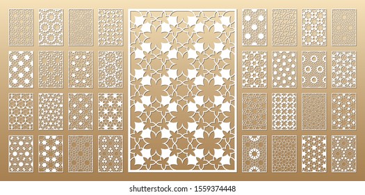 Laser cut vector panels (ratio 2:3). Cutout silhouette with geometric seamless pattern. The set is suitable for engraving, laser cutting wood, metal, stencil manufacturing.