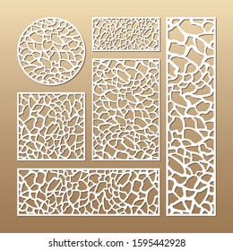 Laser cut vector panels (ratio: 1:1, 1:4, 2:1, 2:3, 3:1). Cutout silhouette with giraffe skin pattern. The set is suitable for engraving, laser cutting wood, metal, stencil manufacturing.