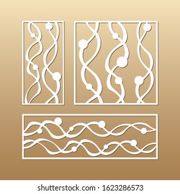Laser cut vector panels (ratio 1:1, 1:2, 1:3). Cutout silhouette with decoration of wavy threads and beads. The set is suitable for engraving, laser cutting wood, metal.