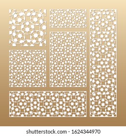 Laser cut vector panels (ratio: 1:1, 1:4, 2:1, 2:3, 3:1). Cutout silhouette with geometric football pattern. The set is suitable for engraving, laser cutting wood, metal, stencil manufacturing.