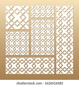 Laser cut vector panels (ratio: 1:1, 1:4, 2:1, 2:3, 3:1). Cutout silhouette with geometric seamless pattern.The set is suitable for engraving, laser cutting wood, metal, stencil manufacturing.