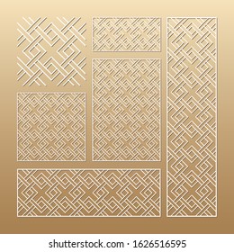 Laser cut vector panels (ratio: 1:1, 1:4, 2:1, 2:3, 3:1). Cutout silhouette with geometric seamless pattern.The set is suitable for engraving, laser cutting wood, metal, stencil manufacturing.