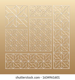 Laser cut vector panels (ratio: 1:1, 1:4, 2:1, 2:3, 3:1). Cutout silhouette with geometric seamless pattern.The set is suitable for engraving, laser cutting wood, metal, stencil manufacturing.