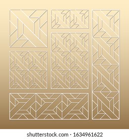 Laser cut vector panels (ratio: 1:1, 1:4, 2:1, 2:3, 3:1). Cutout silhouette with geometric seamless pattern.The set is suitable for engraving, laser cutting wood, metal, stencil manufacturing.