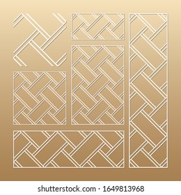 Laser cut vector panels (ratio: 1:1, 1:4, 2:1, 2:3, 3:1). Cutout silhouette with geometric seamless pattern.The set is suitable for engraving, laser cutting wood, metal, stencil manufacturing.