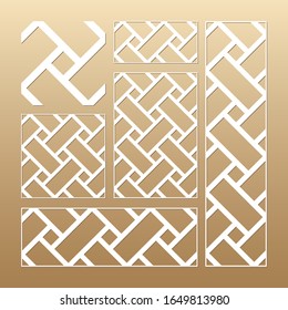 Laser cut vector panels (ratio: 1:1, 1:4, 2:1, 2:3, 3:1). Cutout silhouette with geometric seamless pattern.The set is suitable for engraving, laser cutting wood, metal, stencil manufacturing.