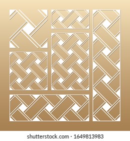 Laser cut vector panels (ratio: 1:1, 1:4, 2:1, 2:3, 3:1). Cutout silhouette with geometric seamless pattern.The set is suitable for engraving, laser cutting wood, metal, stencil manufacturing.