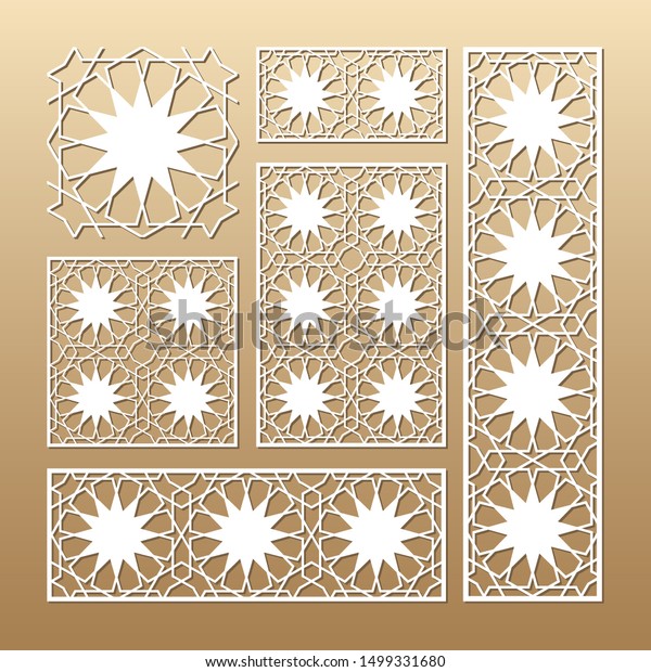 Laser cut vector panels (ratio: 1:1, 1:4,\
2:1, 2:3, 3:1). Cutout silhouette with geometric seamless pattern.\
The set is suitable for engraving, laser cutting wood, metal,\
stencil manufacturing.