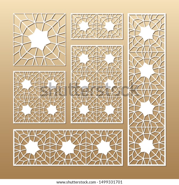 Laser cut vector panels (ratio: 1:1, 1:4,
2:1, 2:3, 3:1). Cutout silhouette with geometric seamless pattern.
The set is suitable for engraving, laser cutting wood, metal,
stencil manufacturing.