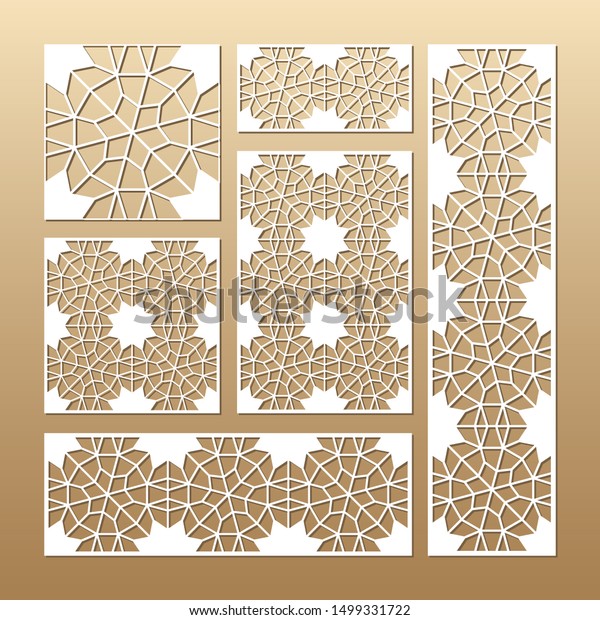 Laser cut vector panels (ratio: 1:1, 1:4,\
2:1, 2:3, 3:1). Cutout silhouette with geometric seamless pattern.\
The set is suitable for engraving, laser cutting wood, metal,\
stencil manufacturing.