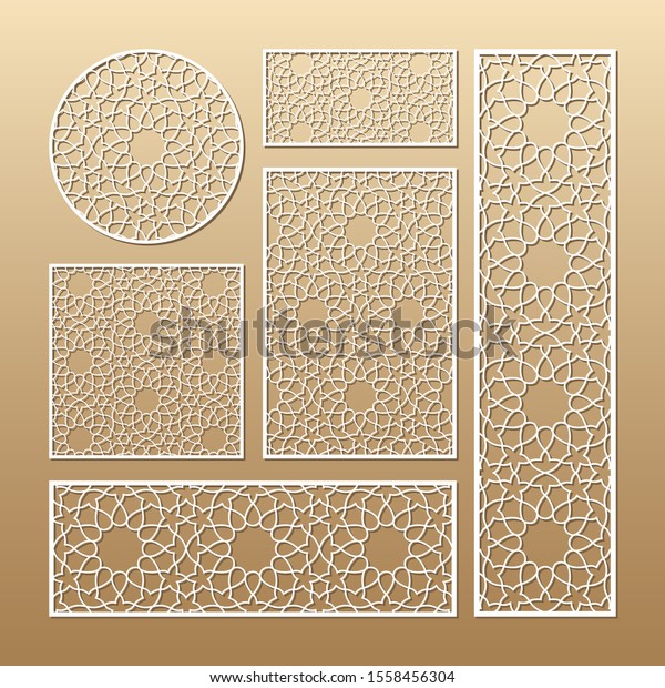 Laser cut vector panels (ratio: 1:1, 1:4,
2:1, 2:3, 3:1). Cutout silhouette with geometric pattern. The set
is suitable for engraving, laser cutting wood, metal, stencil
manufacturing.