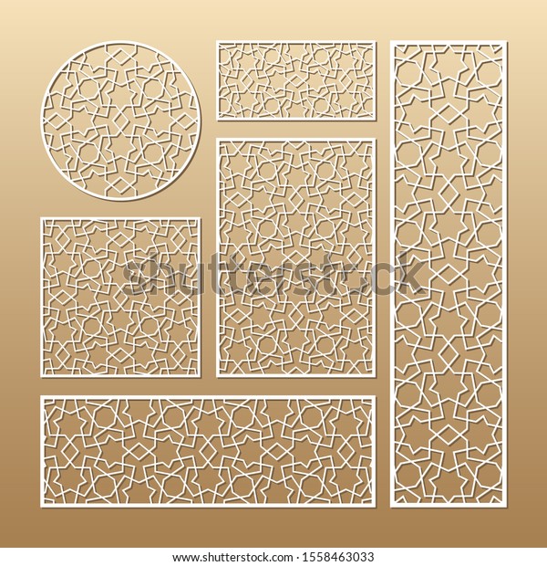 Laser cut vector panels (ratio: 1:1, 1:4,\
2:1, 2:3, 3:1). Cutout silhouette with geometric pattern. The set\
is suitable for engraving, laser cutting wood, metal, stencil\
manufacturing.
