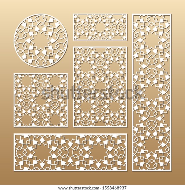 Laser cut vector panels (ratio: 1:1, 1:4,\
2:1, 2:3, 3:1). Cutout silhouette with geometric pattern. The set\
is suitable for engraving, laser cutting wood, metal, stencil\
manufacturing.