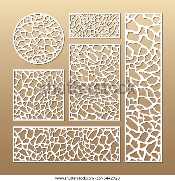 Laser cut vector panels (ratio: 1:1, 1:4,\
2:1, 2:3, 3:1). Cutout silhouette with giraffe skin pattern. The\
set is suitable for engraving, laser cutting wood, metal, stencil\
manufacturing.