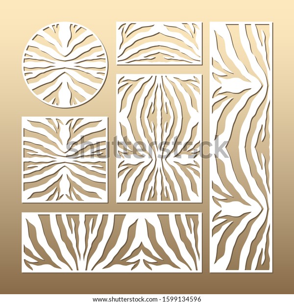 Laser cut vector panels (ratio: 1:1, 1:4,\
2:1, 2:3, 3:1). Cutout silhouette with zebra skin pattern. The set\
is suitable for engraving, laser cutting wood, metal, stencil\
manufacturing.