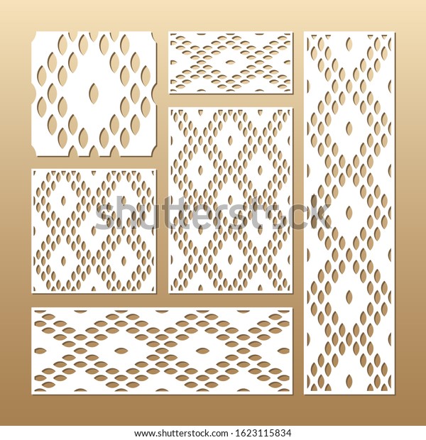 Laser cut vector panels (ratio: 1:1, 1:4,\
2:1, 2:3, 3:1). Cutout silhouette with snake skin pattern. The set\
is suitable for engraving, laser cutting wood, metal, stencil\
manufacturing.