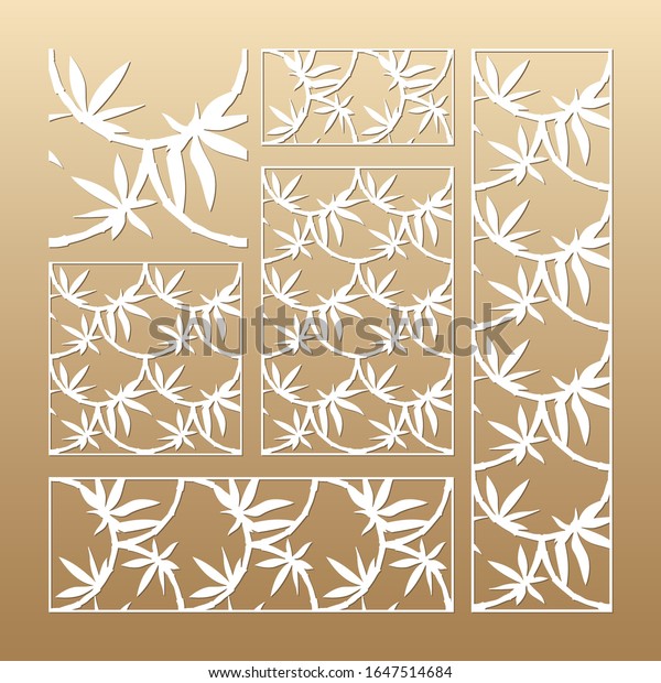Laser cut vector panels (ratio: 1:1, 1:4,\
2:1, 2:3, 3:1). Cutout silhouette with nature pattern (leaves,\
bamboo). The set is suitable for engraving, laser cutting wood,\
metal, stencil\
manufacturing.