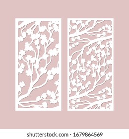 Laser cut vector panels set with cherry blossom branches pattern. Paper cutting, wedding cards element, cabinet screen, stencil pattern. Rate 1:2.