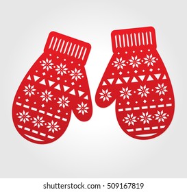 Laser cut vector paper mittens. Red decorations for die cutting. May be carved with scroll saw. Cutout x-mas ornate mitten. Holiday gift tags.
