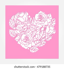 Laser cut vector rose heart ornament. Cutout pattern silhouette with flower and leaves. Die cut paper element for wedding invitations, save the date, greeting card. Square cutting template panel