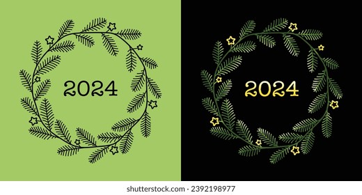 Laser cut vector template, winter and Christmas pattern. Rounded frame with fir trees, branches with red berries and stars. Silhouette of round frame for New Year invitation card or for the home decor