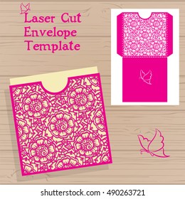 Laser cut vector wedding invitation template. Envelope with flowers for laser cutting. Lace gate folds. 