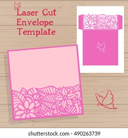 Laser cut vector wedding invitation template. Envelope with flowers for laser cutting. Lace gate folds. 