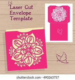 Laser cut vector wedding invitation template. Envelope with flowers for laser cutting. Lace gate folds. 