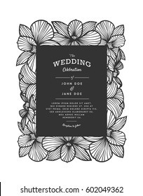 Laser cut vector wedding invitation with orchid flowers for decorative panel. Perfect for wedding or announcements, mothers day, valentines day, birthday cards. Floral pattern. Drawing of orchids.