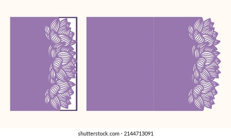 Laser cut wedding or birthday fold card with cutout pattern of Lotus flower, vector.