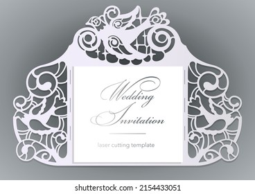 Laser cut wedding card template. A swan couple is in love in a rose bush. Save the date die cut greeting card. Lace vector illustration. Silhouette cutout design. Valentine's invitation.
