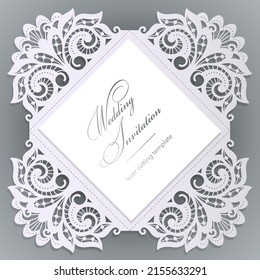 Plantilla de tarjeta de boda de corte láser. Una pareja de cisnes está enamorada de un arbusto de rosa. Guarda la tarjeta de saludo de corte de fecha de fecha. Ilustración vectorial de encaje. Diseño de corte de silueta.