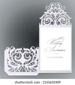 Laser cut wedding card template. A swan couple is in love in a rose bush. Save the date die cut greeting card. Lace vector illustration. Silhouette cutout design.
