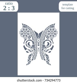 Laser cut wedding card template, paper openwork greeting card, template for cutting, pattern butterfly, lasercut metal panel,  vector illustration