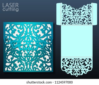 laser cut wedding card vector template. Invitation envelope. Wedding lace invitation mockup. Template for laser cutting. Die cut pocket envelope template. It can be used as an envelope for CD-ROM.