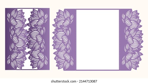 Laser Cut Wedding Gate Fold Card With Cutout Pattern Of Lotus Flower, Vector.