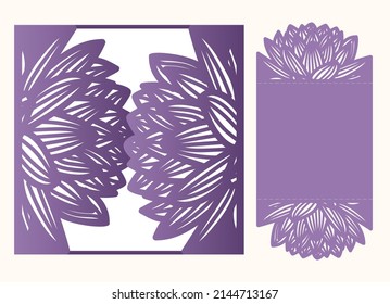 Laser Cut Wedding Gate Fold Card Square With Cutout Pattern Of Lotus Flower, Vector.