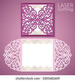 Laser cut wedding invitation card template vector. Die cut paper card with lace pattern. Cutout paper gate fold card for laser cutting or die cutting template.